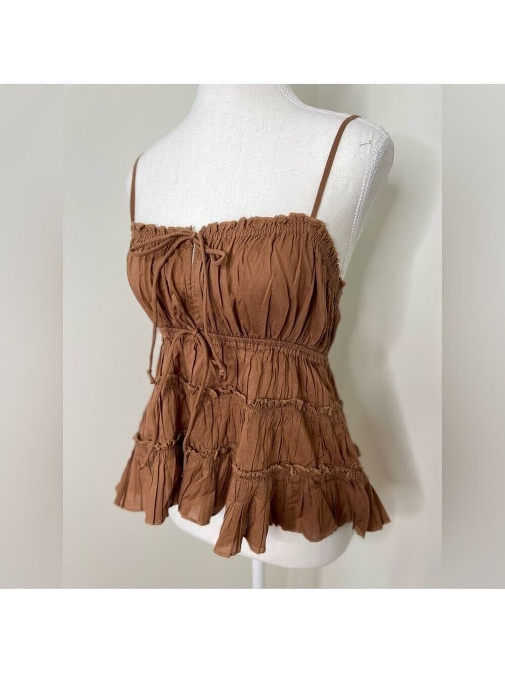 NWT Aerie Brown Tie Front Tiered Tank Top M - Picture 4 of 16